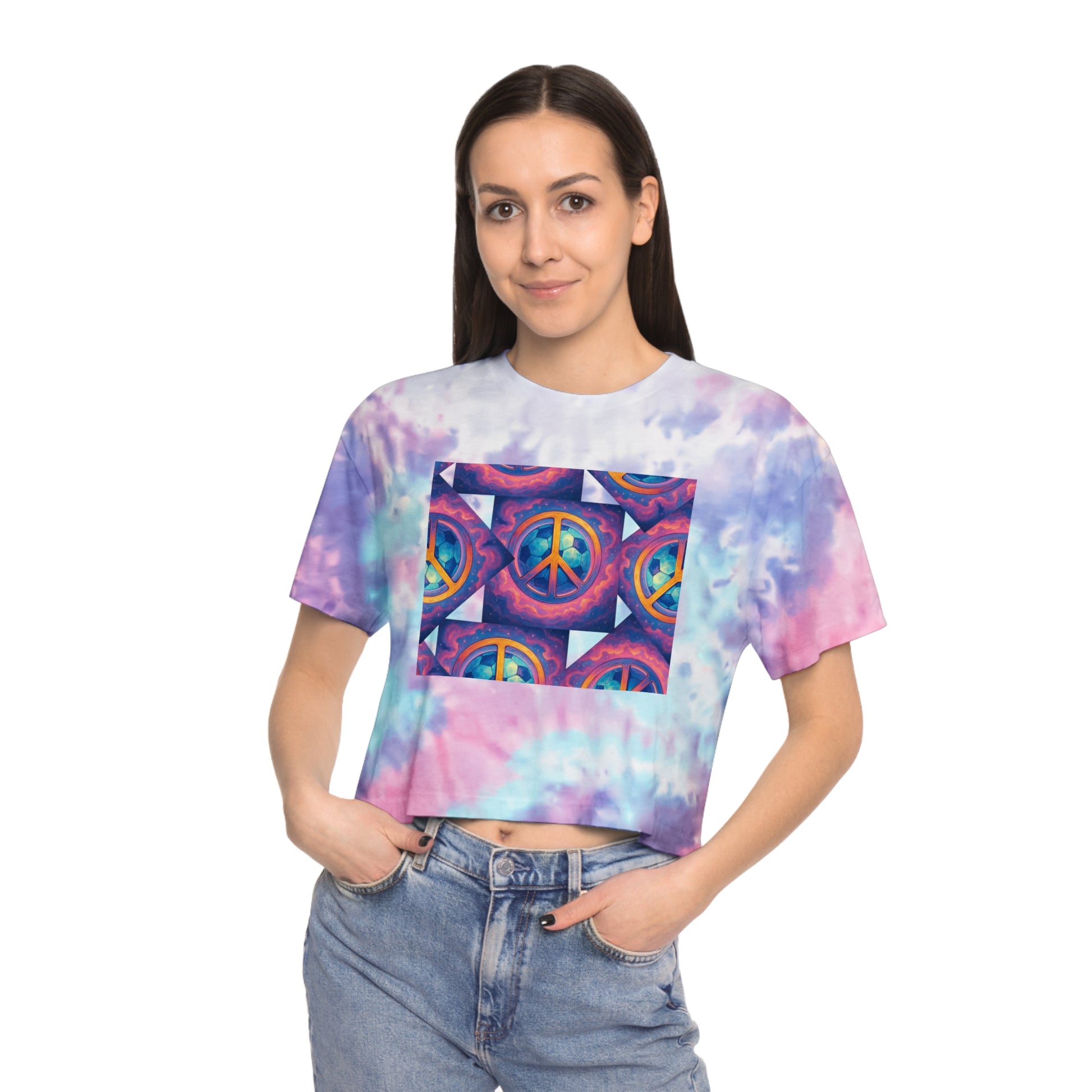 Boho Tie-Dye Crop Tee - Retro Peace Sign Top, Summer Festival T-Shirt, Casual Everyday Wear, Gift for Her, Beach Outfit