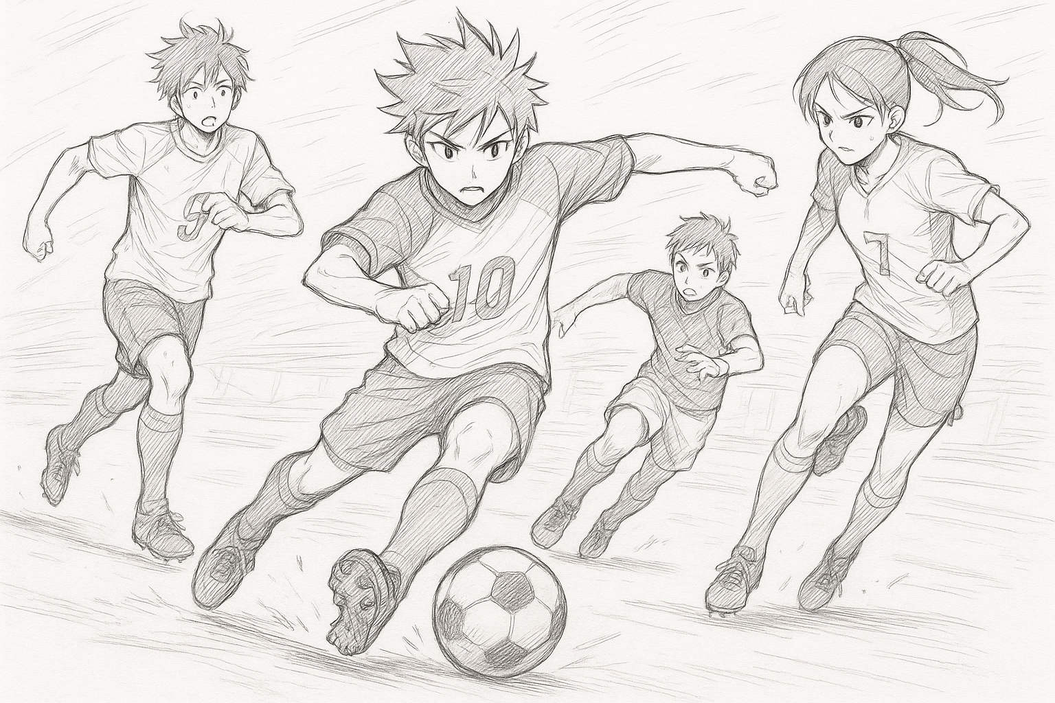anime style sketch of teenage to young adult soccer players in a game